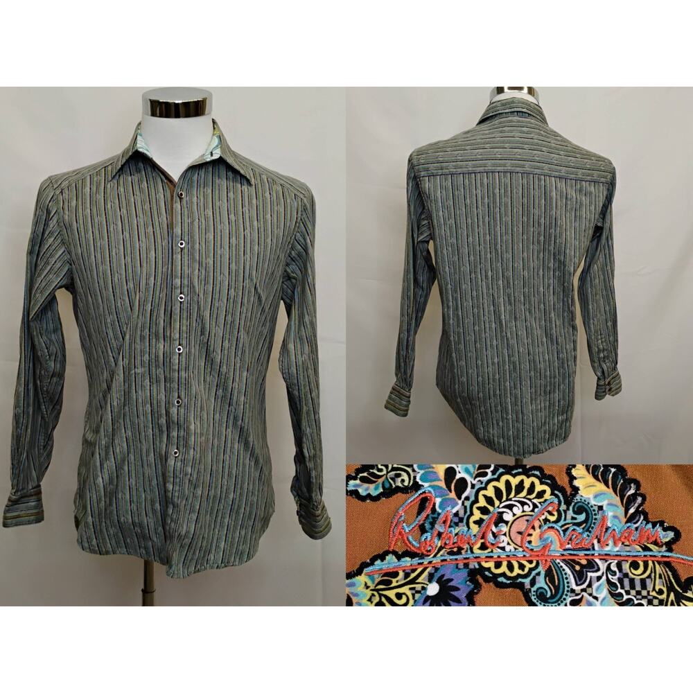 Robert Graham Dress Shirt Men's S Green Blue Multicolor Stripes Paisley #J5167